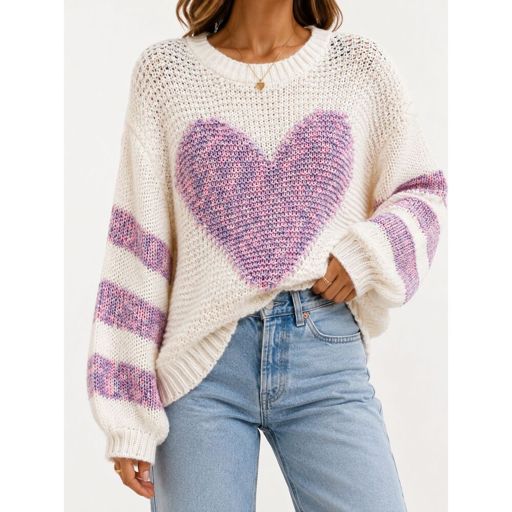 Dreamers by Debut Heart Sweater Chunky Knit Coquette Y2K Medium Pink Purple